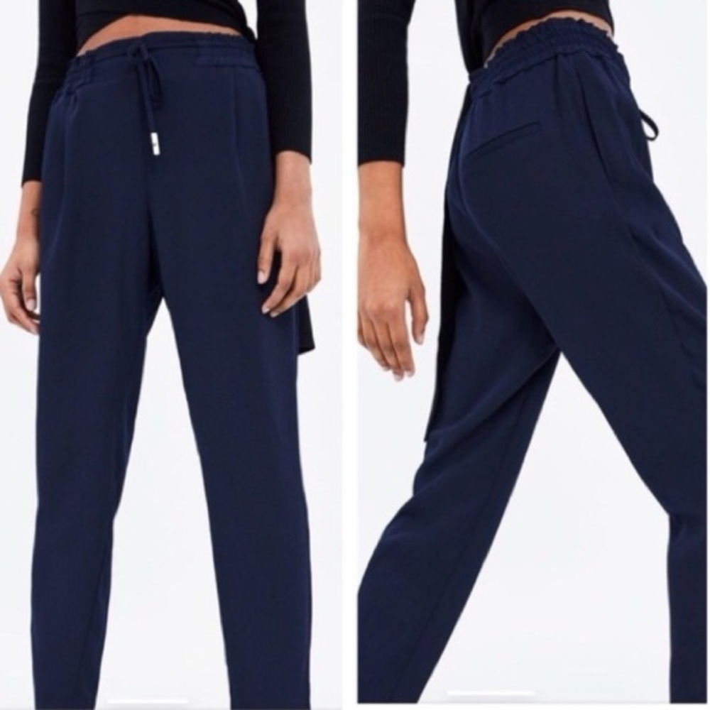 Zara Basic Navy Blue Drawstring Elastic Waist Slacks Pants Size Medium - Picture 1 of 6